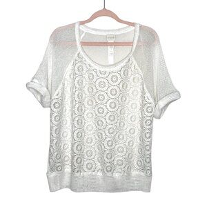 Chicos women's white crochet mesh sheer short sleeve blouse size m cottagecore